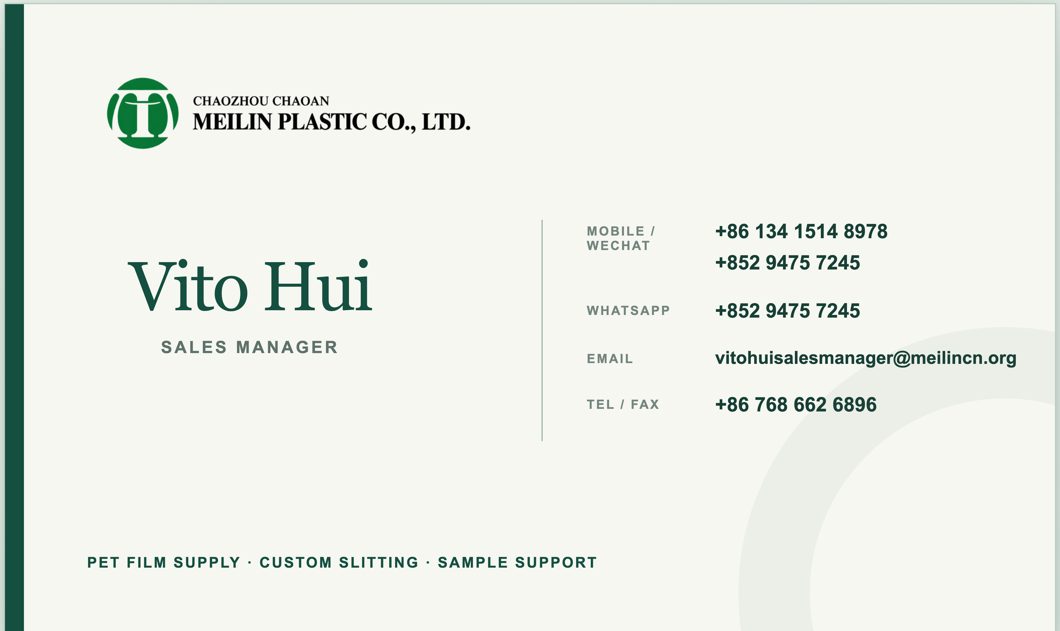Vito Hui, Sales Manager business card